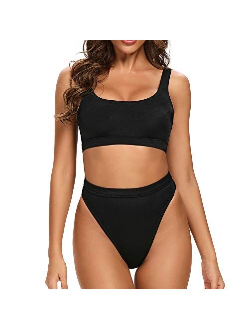 Dixperfect Two Pieces Bikini Sets Swimsuit Sports Style Low Scoop Crop Top High Waisted High Cut Cheeky Bottom