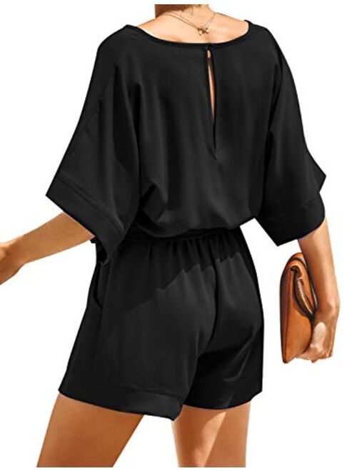 LookbookStore Women Mesh Panel Bell Sleeve Self-Tie Belted Short Romper Jumpsuits