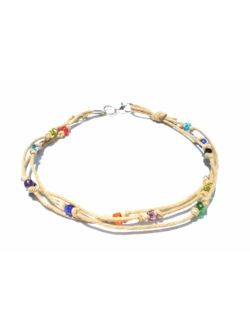 Hempnotic Jewelry Multicolor Glass Beaded Three String Hemp Anklet - Handmade