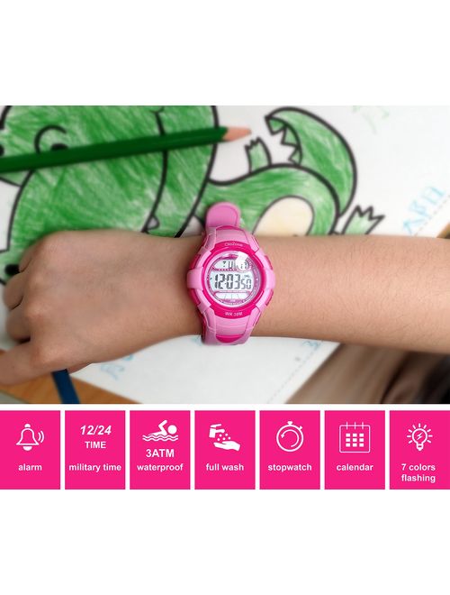 Kids Watch Girls Digital Sports 7-Color Flashing Light Water Resistant 