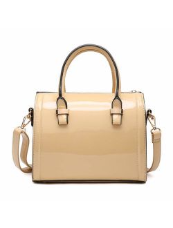 Shiny Patent Faux Leather Handbags Barrel Top Handle Satchel Bag Shoulder Bag for Women