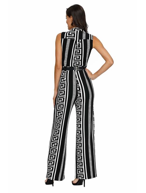 Pink Queen Womens Button Up Printed Long Wide Leg Pant Party Jumpsuits with Belt