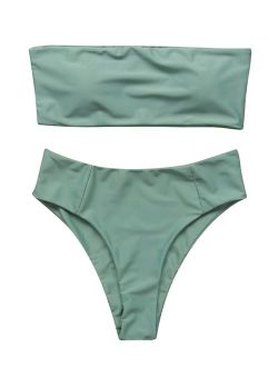 Women's 2 Pieces Bandeau Bikini Swimsuits Off Shoulder High Waist Bathing Suit High Cut