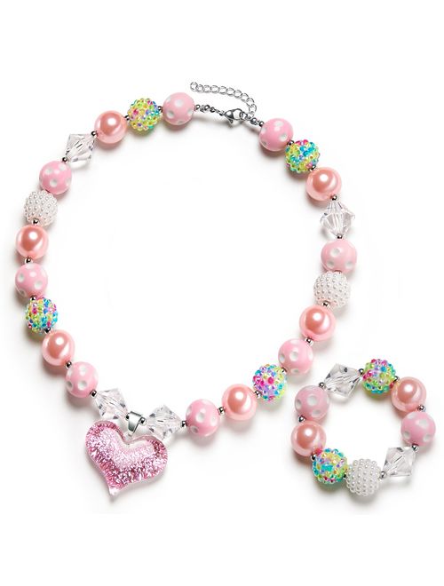 vcmart Girls Gilitter Heart Chunky Bubblegum Bead Necklace & Bracelet Set Fashion Jewelry Pendant with Gift Box