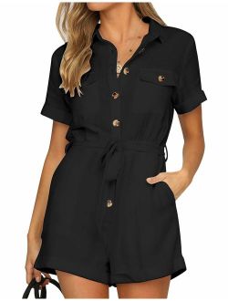 Vetinee Womens Summer Pocket Belted Romper Button Short Sleeve Jumpsuit Playsuit