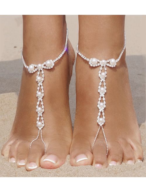 Bellady 2 Pcs Womens Beach Imitation Pearl Barefoot Sandal Foot Jewelry Anklet Chain