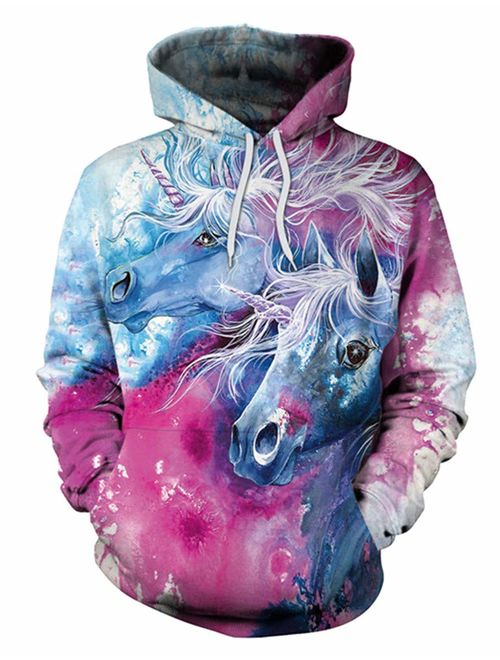 NAYINLAN Women Rainbow Unicorn Print Pullover Hoodies Sweatshirt
