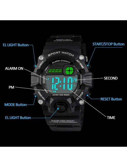 Venhoo Kids Watches Digital Outdoor Sport Waterproof Electrical EL-Lights Watches with Alarm Luminous Stopwatch Casual Military Child Wrist Watch Gift for Boys Girls