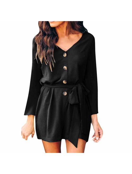 ROVLET Women's Summer Chiffon Solid Romper Casual Botton Down Loose Long Sleeve Jumpsuit Short Rompers Playsuit with Belt