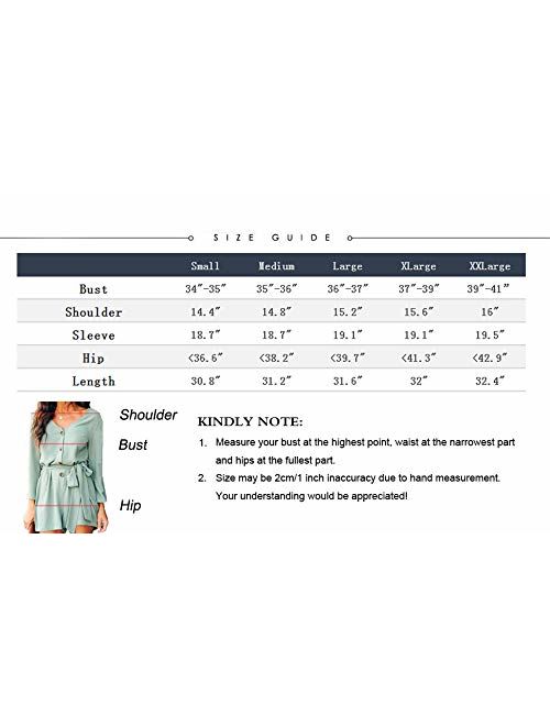 ROVLET Women's Summer Chiffon Solid Romper Casual Botton Down Loose Long Sleeve Jumpsuit Short Rompers Playsuit with Belt