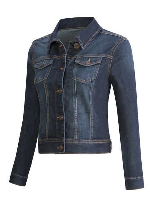 URBAN K Womens Long-Sleeve Distressed Button Up Denim Jean Jacket Regular & Plus Size