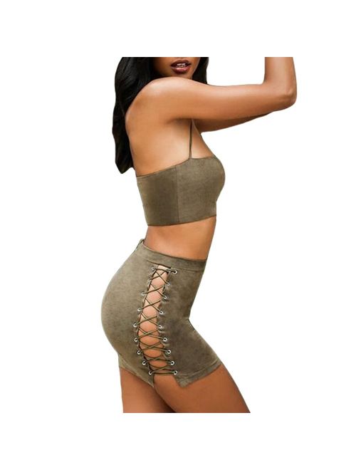 Antopmen Women Sexy Spaghetti Strap Crop Top Side Lace Up Skirt Outfit Two Piece Bodycon Bandage Dress