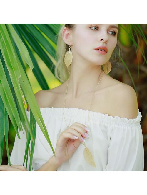 BOUTIQUELOVIN Filigree Long Leaf Pendant Dangle Necklace and Earring Jewelry Set Fashion Gifts for Women Girls