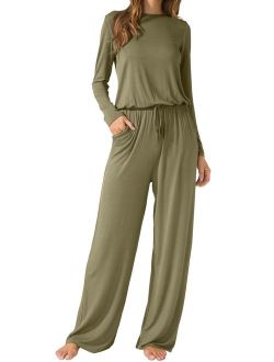 LAINAB Women's O Neck Loose Wide Legs Casual Jumpsuits with Pockets