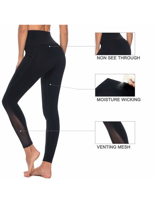Persit Women's Mesh Yoga Pants with 2 Pockets, Non See-Through High Waist Tummy Control 4 Way Stretch Leggings