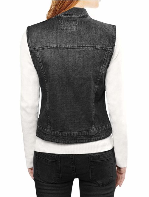 Allegra K Women's Buttoned Washed Denim Vest Jacket w Chest Flap Pockets