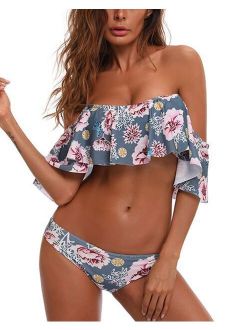 Women Two Piece Ruffled Swimsuit Floral Print Off-Shoulder Bikini Set