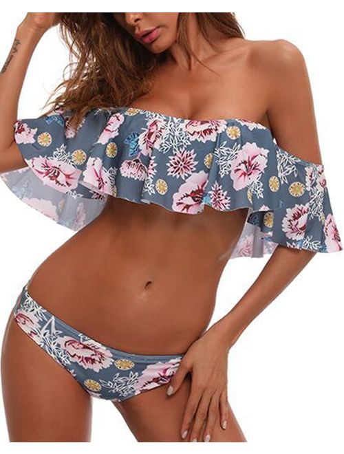 Tempt Me Women Two Piece Ruffled Swimsuit Floral Print Off-Shoulder Bikini Set