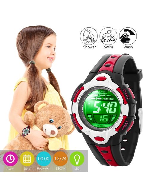AIKURIO Children's Digital Watch 50M Waterproof with Rubber Strap and 8 Colours LED Lights for Sports Outdoor AKR006