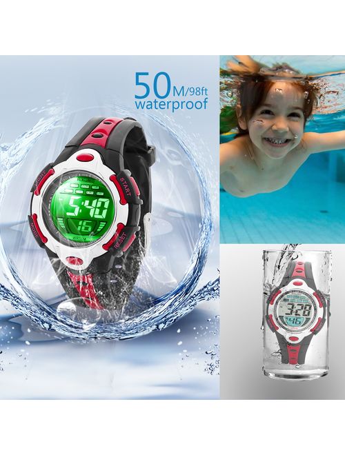 AIKURIO Children's Digital Watch 50M Waterproof with Rubber Strap and 8 Colours LED Lights for Sports Outdoor AKR006