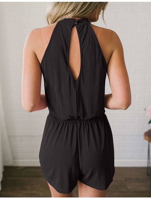 Fadalo Women's Sleeveless Halter Neck Solid Color Elastic Waist Short Jumpsuit Romper with Pockets