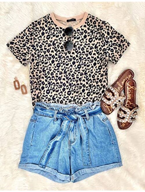 BMJL Womens Casual Cute Shirts Leopard Print Tops Basic Short Sleeve Soft Blouse