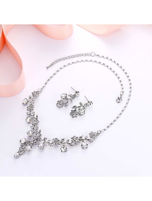 EVER FAITH Flower Leaf Necklace Earrings Set Austrian Crystal