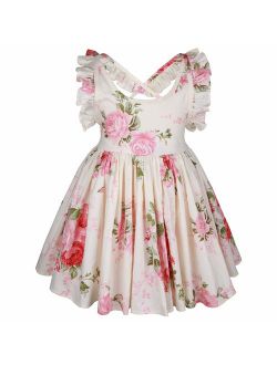 Somlatrecy Vintage Floral Girls Dress Summer Cotton Backless Straps/Sling for Wedding Birthday 1-12 Years