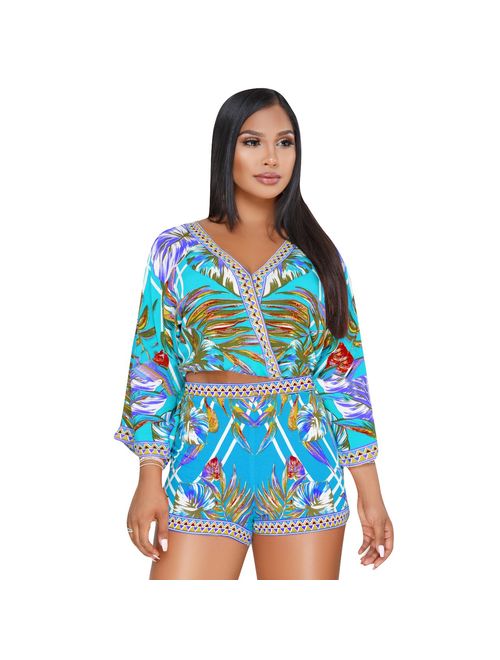 Sexy Two Piece Shorts Set - African Floral Jumpsuits Rompers Vacation Club Outfit