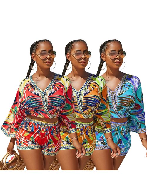 Sexy Two Piece Shorts Set - African Floral Jumpsuits Rompers Vacation Club Outfit