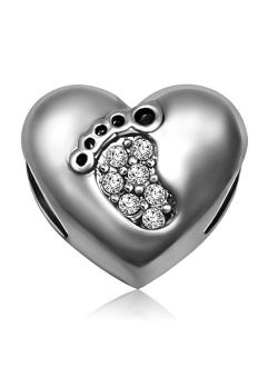 JMQJewelry Heart Mom Love Baby Footprints Jan-Dec Birthstone Charms Beads for Bracelets Mother Gifts