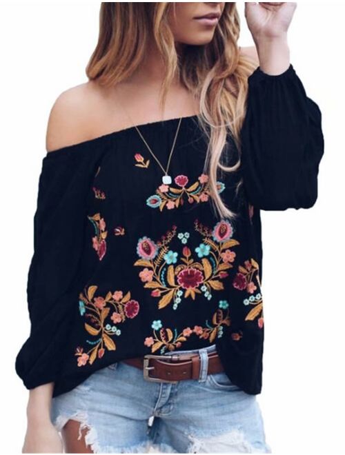 Womens Sexy Off The Shoulder Tops Long Sleeve Boho Floral Embroider Casual Blouse Shirt