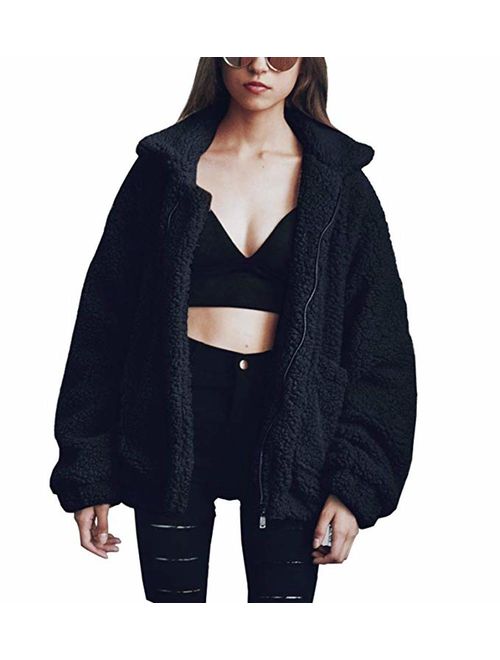 Women's Coat Casual Lapel Fleece Fuzzy Faux Shearling Zipper Coats Warm Winter Oversized Outwear Jackets