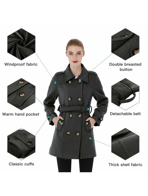 Wantdo Women's Double Breasted Pea Coat Winter Trench Jacket with Belt