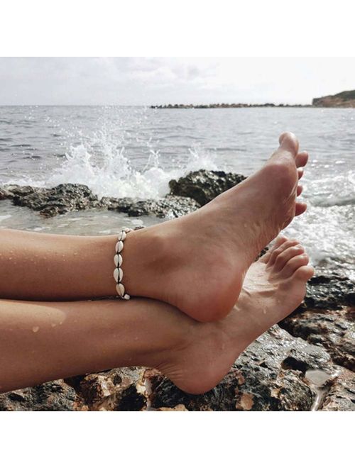 FiveLucky 2 Pack Vintage Shell Pearl Anklets Set Infinity Starfish Colors Bead Flower Beach Foot Chain