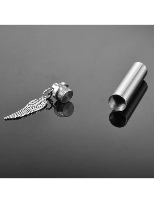 HooAMI Angel Wing Charm & Cylinder Memorial Urn Necklace Stainless Steel Cremation Jewelry