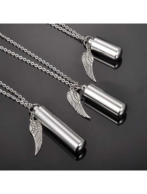 HooAMI Angel Wing Charm & Cylinder Memorial Urn Necklace Stainless Steel Cremation Jewelry