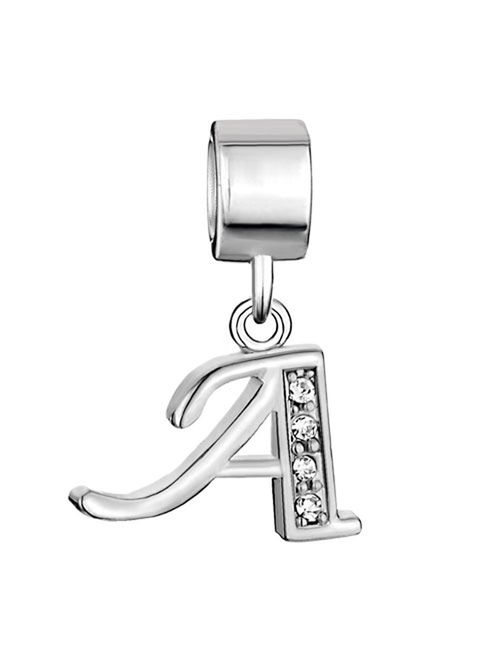 CharmSStory Alphabet Beads A-Z Letter Initial Spacer Dangle Clear Synthetic Crystal Silver P Charm For Snake Chain Bracelets