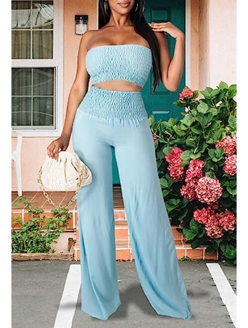 Womens Two Piece Sets Floral Tie Front Short Sleeve Crop Tops Long Pants Jumpsuits 