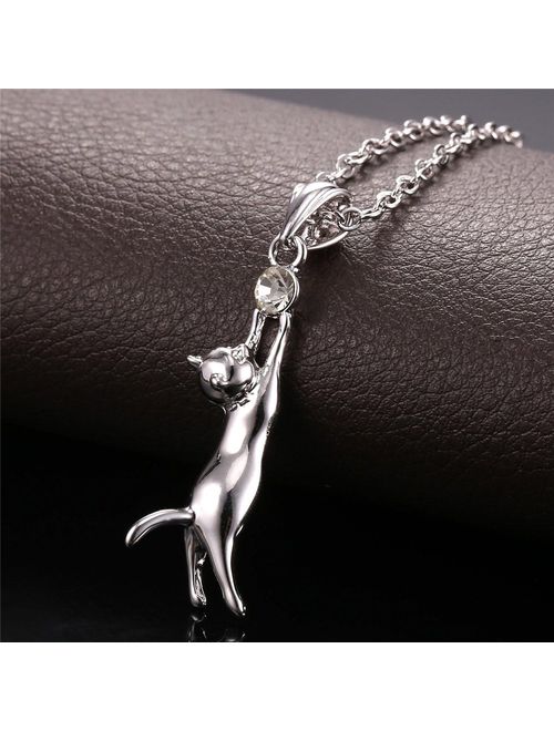 U7 Cute Cat Necklace Rhinestone with Chain Platinum/18K Gold Plated Girls Charm Smooth Collarbone Necklace