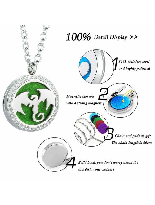 JOYMIAO Aroma Essential Oil Diffuser Necklace Stainless Steel Magnetic Carving Aromatherapy Locket Pendant with 8 Pads