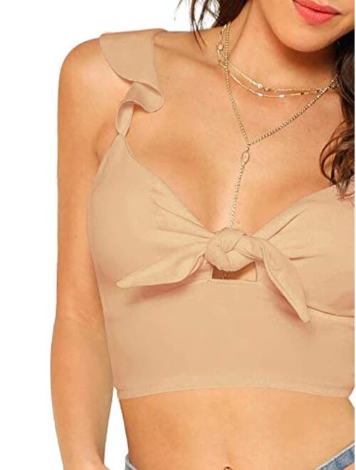 SheIn Women's Plain Ruffle Strap Knot Front Backless Cute Cami Crop Top Bralette