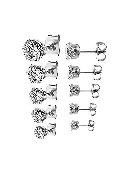 Jinique 5 Pair(3,4,5,6,7mm) Stainless Steel Round Clear Cz Stud Earring Set