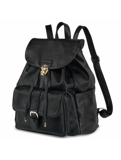 Leather Backpack For Women, COOFIT Black Backpack Purse Womens Backpack Drawstring Backpack Casual Daypack