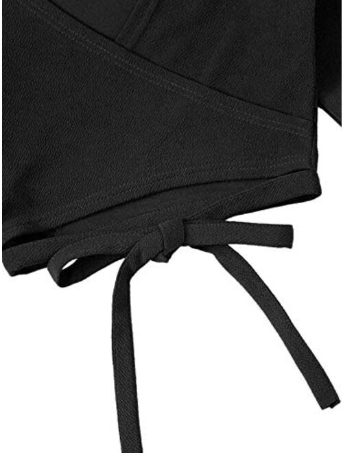 SheIn Women's V Neck Long Bell Sleeve Warp Front Tie Up Cross Crop Top Blouse Shirt