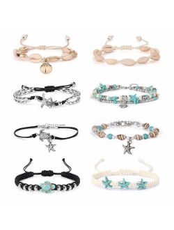 FUNRUN JEWELRY 8PCS Starfish Turtle Shell Anklet for Women Girls Handmade Multilayer Anklet Bracelet Adjustable Beach Foot Jewelry