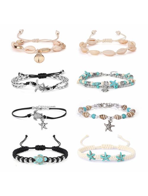 FUNRUN JEWELRY 8PCS Starfish Turtle Shell Anklet for Women Girls Handmade Multilayer Anklet Bracelet Adjustable Beach Foot Jewelry