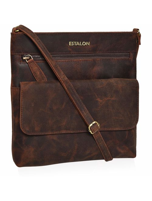 ESTALON Crossbody Bags for Women - Real Leather Small Vintage Adjustable Shoulder Bag