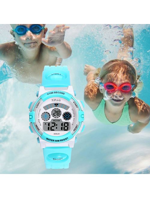 Kids Digital Watch Boys Girls,50M(5ATM) Waterproof 7 Color LED Multifunctional Sports Outdoor Wrist Watches with Alarm for Children Ages 7-15