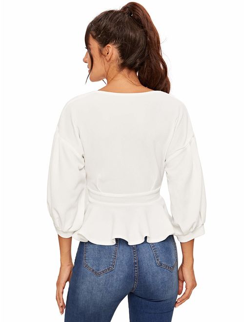 SheIn Women's Lantern 3/4 Sleeve V Neck Ruffle Blouse Tie Waist Wrap Peplum Top